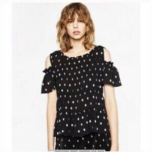 Zara Basics Polka-dot Cold Shoulder Blouse Black White S